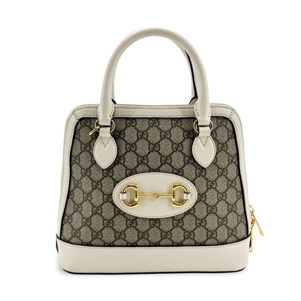 Gucci Horsebit 1955 Top Handle Gg Canvas With Leather White Canvas Handbag